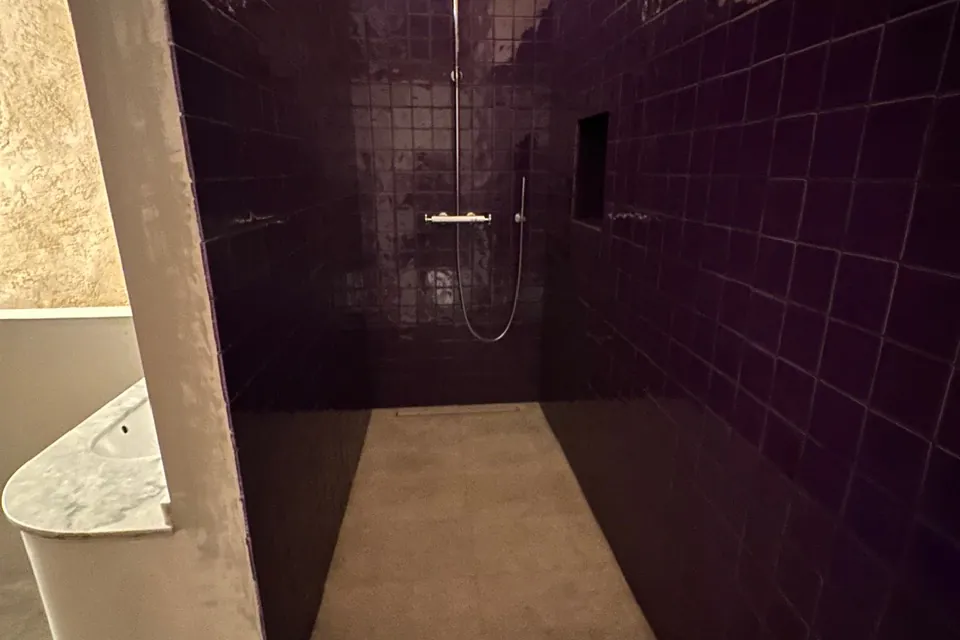 Ducha con azulejo morado — Casa Son Ramis